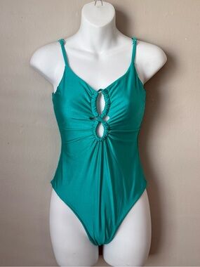 Small Teal Ruched Cutout One-Piece Swimsuit